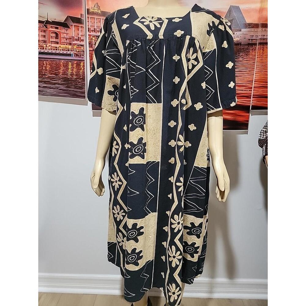 Capistrano House Dress Size 1X MuuMuu Kaftan Lounge W/Pockets Taupe Black #C